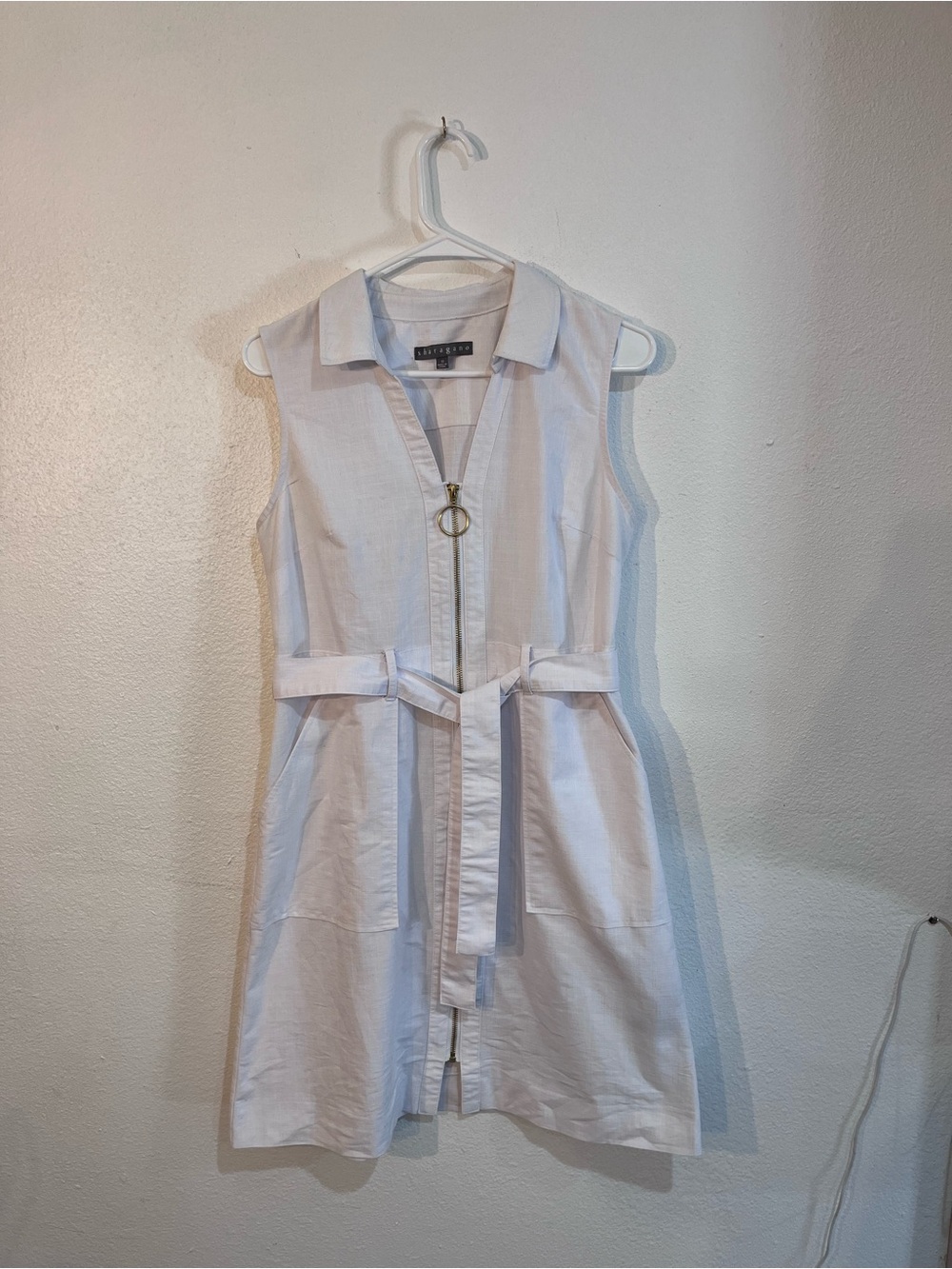 Sleeveless White Zip-Front Belted Dress